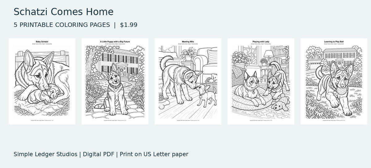 All five Book One coloring pages included in the downloadable PDF