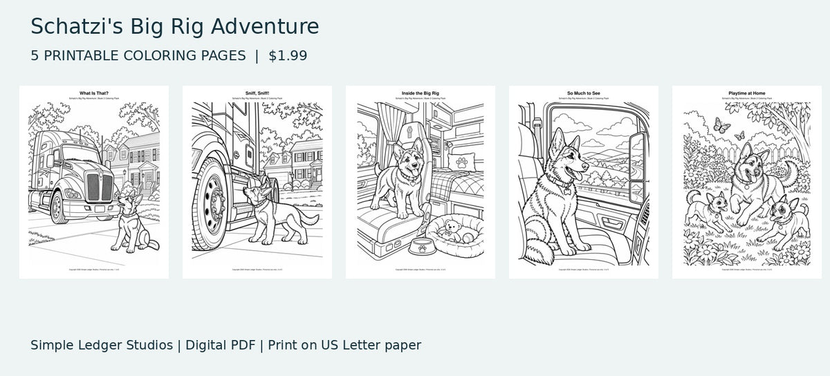 All five Book Two coloring pages included in the downloadable PDF