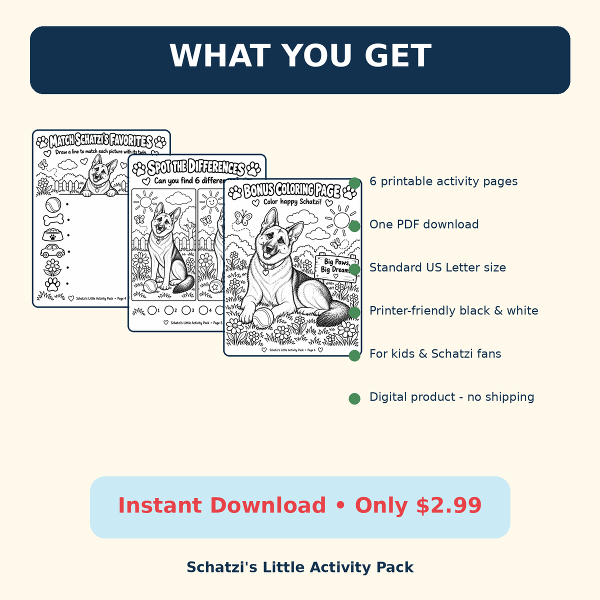 What you get with Schatzi's Little Activity Pack - 6 printable activity pages