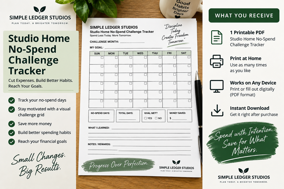 Studio Home No-Spend Challenge Tracker – Printable Savings Reset
