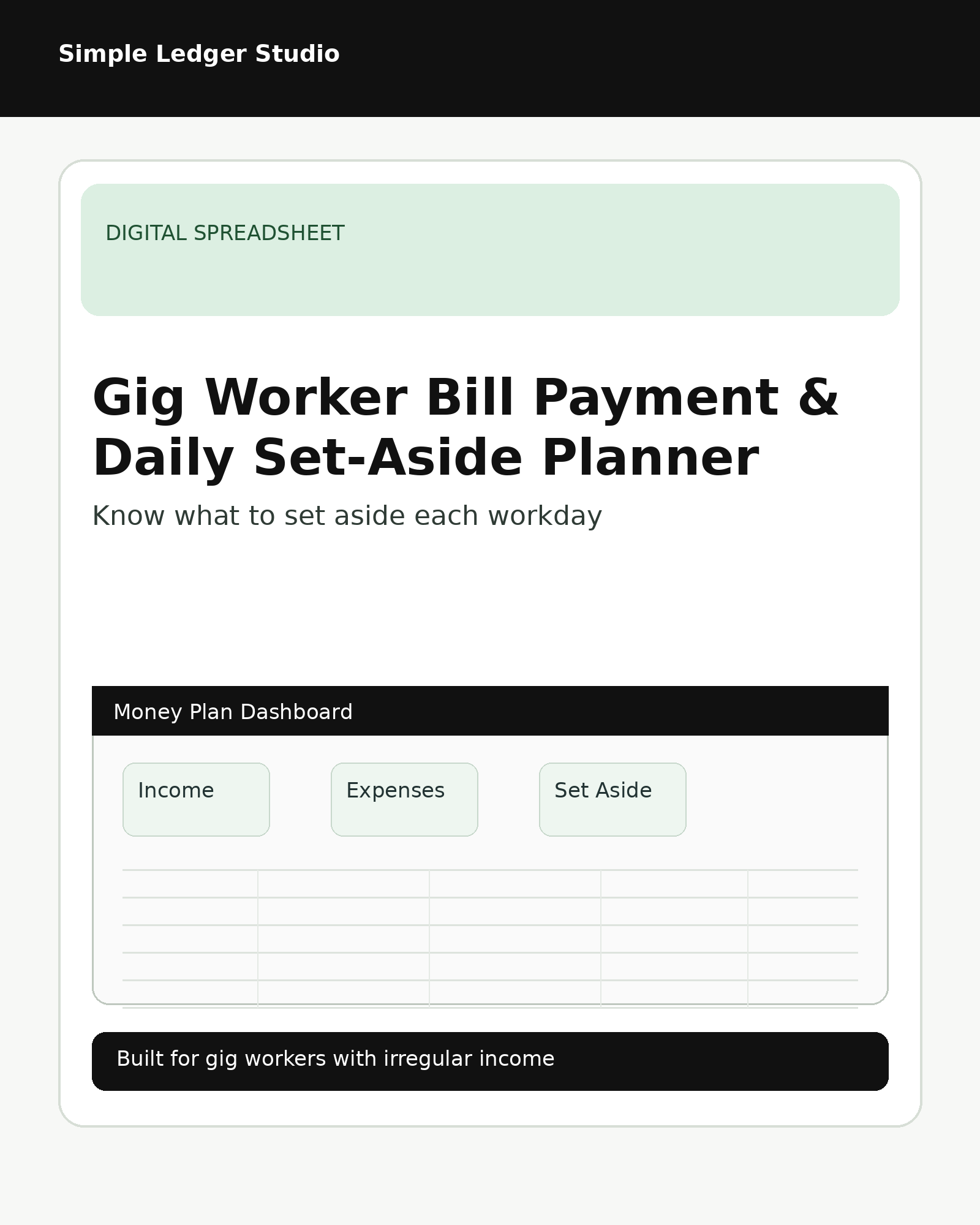 Gig Worker Bill Payment and Daily Set-Aside Planner cover by Simple Ledger Studio