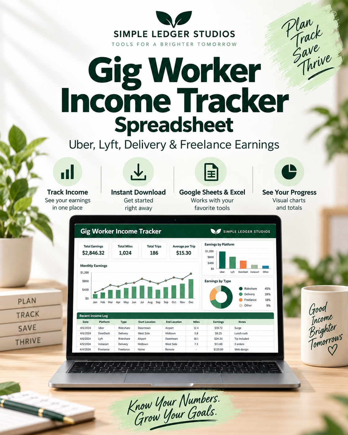 Gig Worker Income Tracker Spreadsheet by Simple Ledger Studios