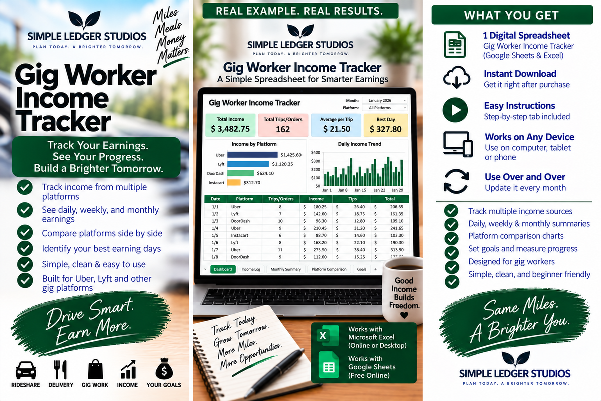 Gig Worker Income Tracker filled example spreadsheet showing income by platform, tips, earnings trends, and summaries