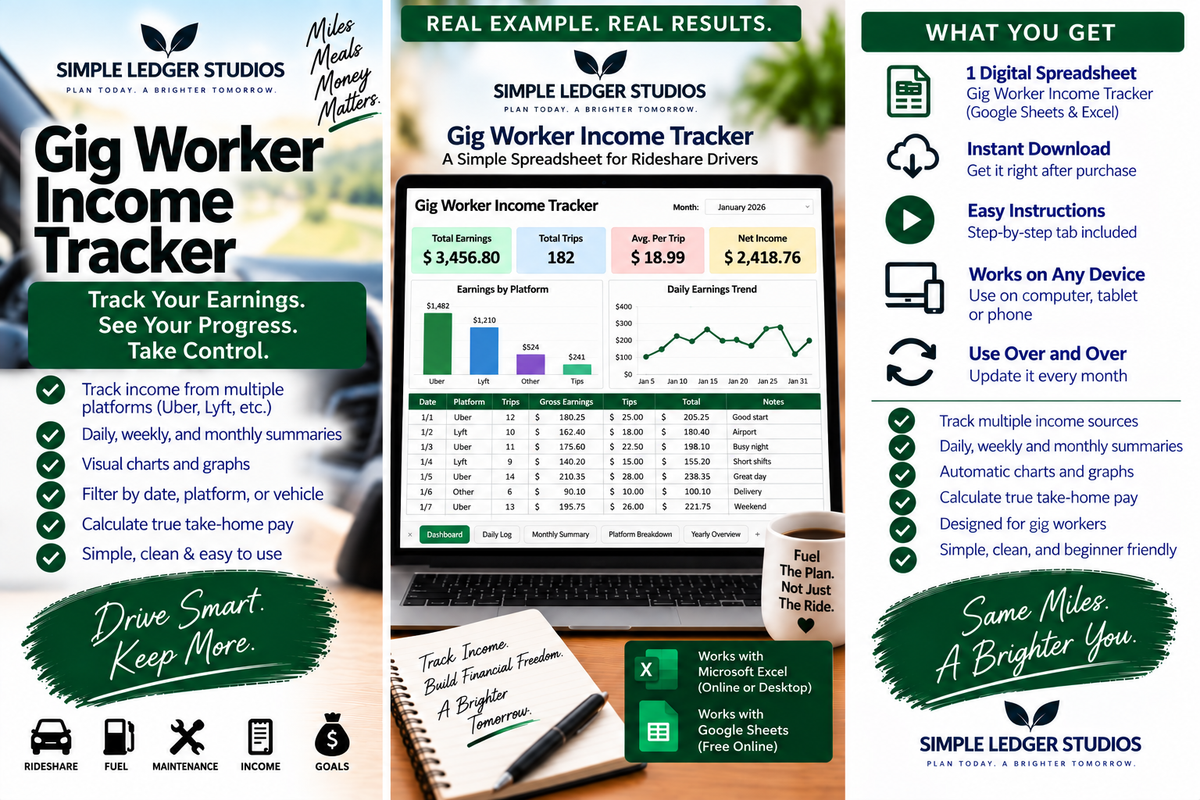 Gig Worker Income Tracker digital spreadsheet features and compatibility for Google Sheets and Microsoft Excel Online