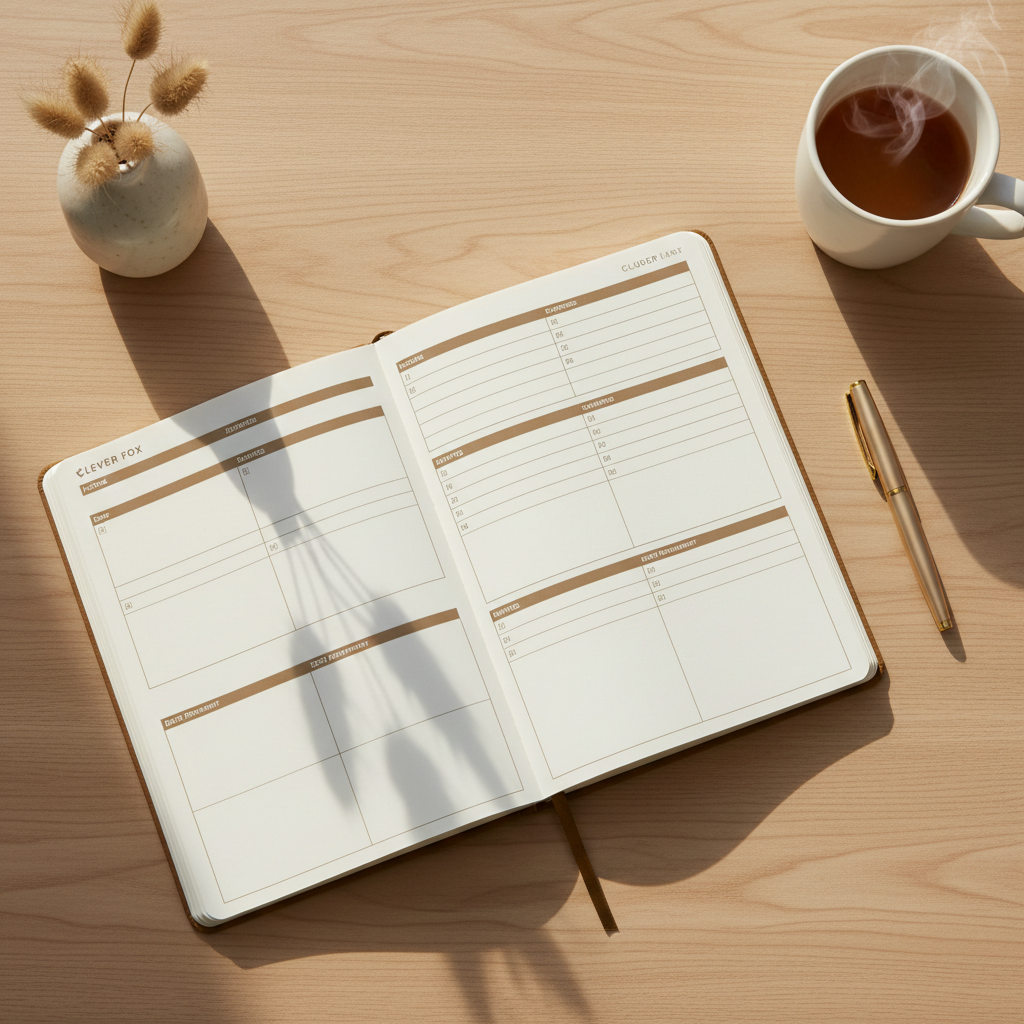 Clever Fox Budget Planner large notebook open to monthly budget spread on a warm neutral desk with pen