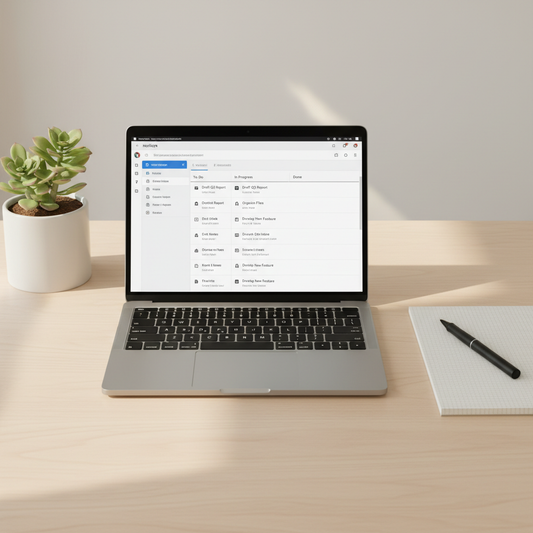 Notion app open on laptop on a minimal desk setup
