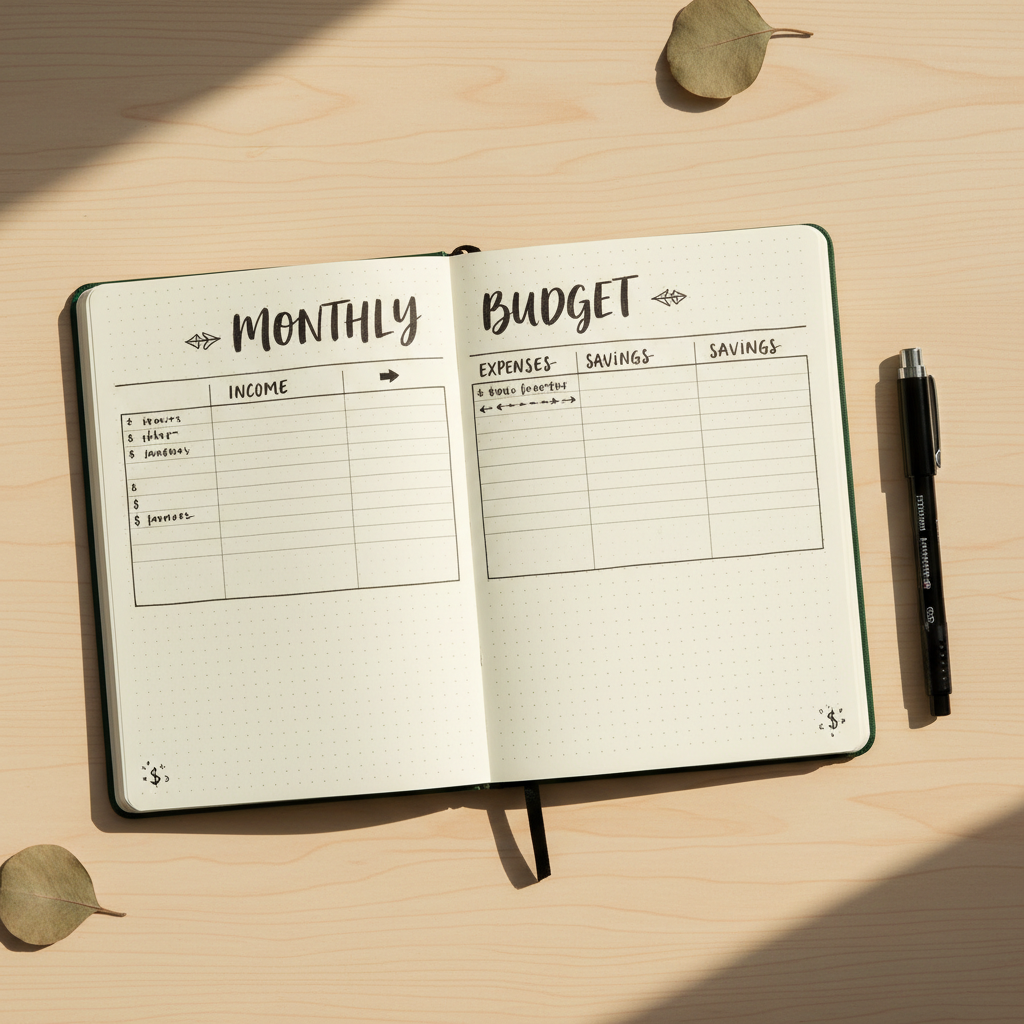 Leuchtturm1917 A5 dotted bullet journal flat lay with budget spread and pen on neutral desk