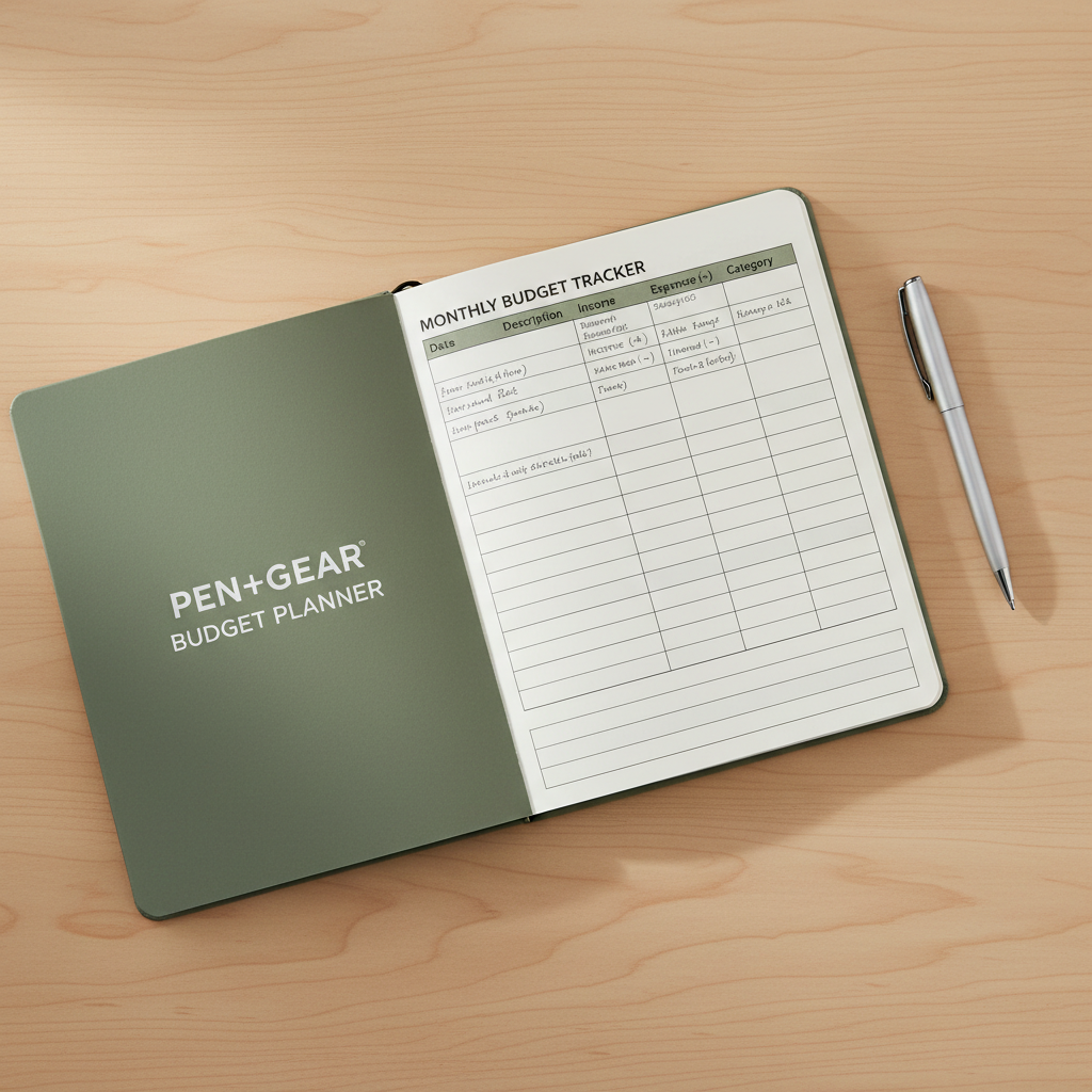 Pen+Gear Budget Planner Notebook open to budget tracking page on a warm neutral desk with pen