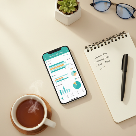 Smartphone showing budget dashboard app flat lay with notebook and pen on neutral desk