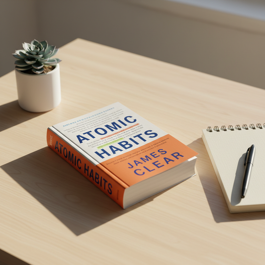 Atomic Habits by James Clear flat lay on a minimal desk