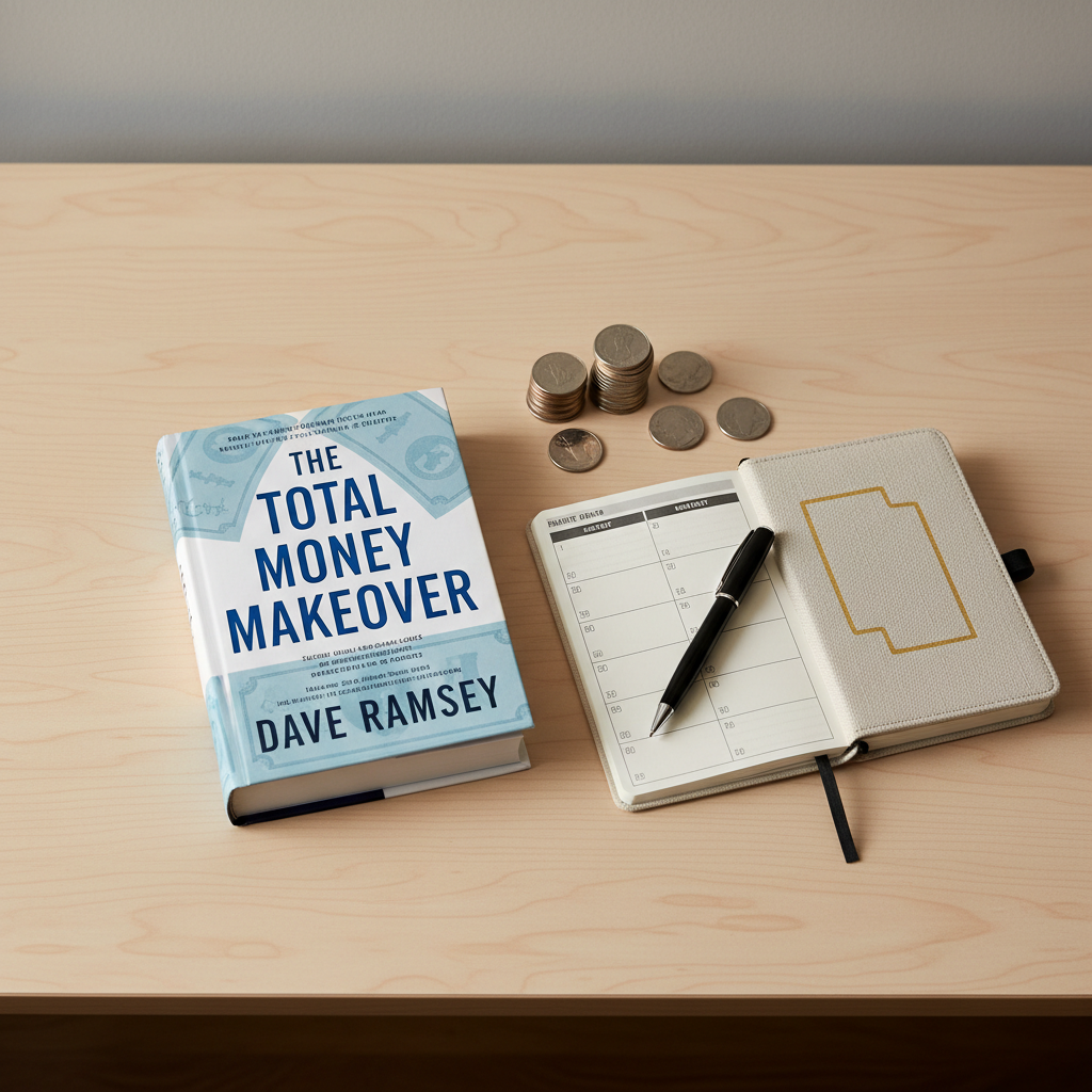 The Total Money Makeover by Dave Ramsey flat lay on a minimal desk