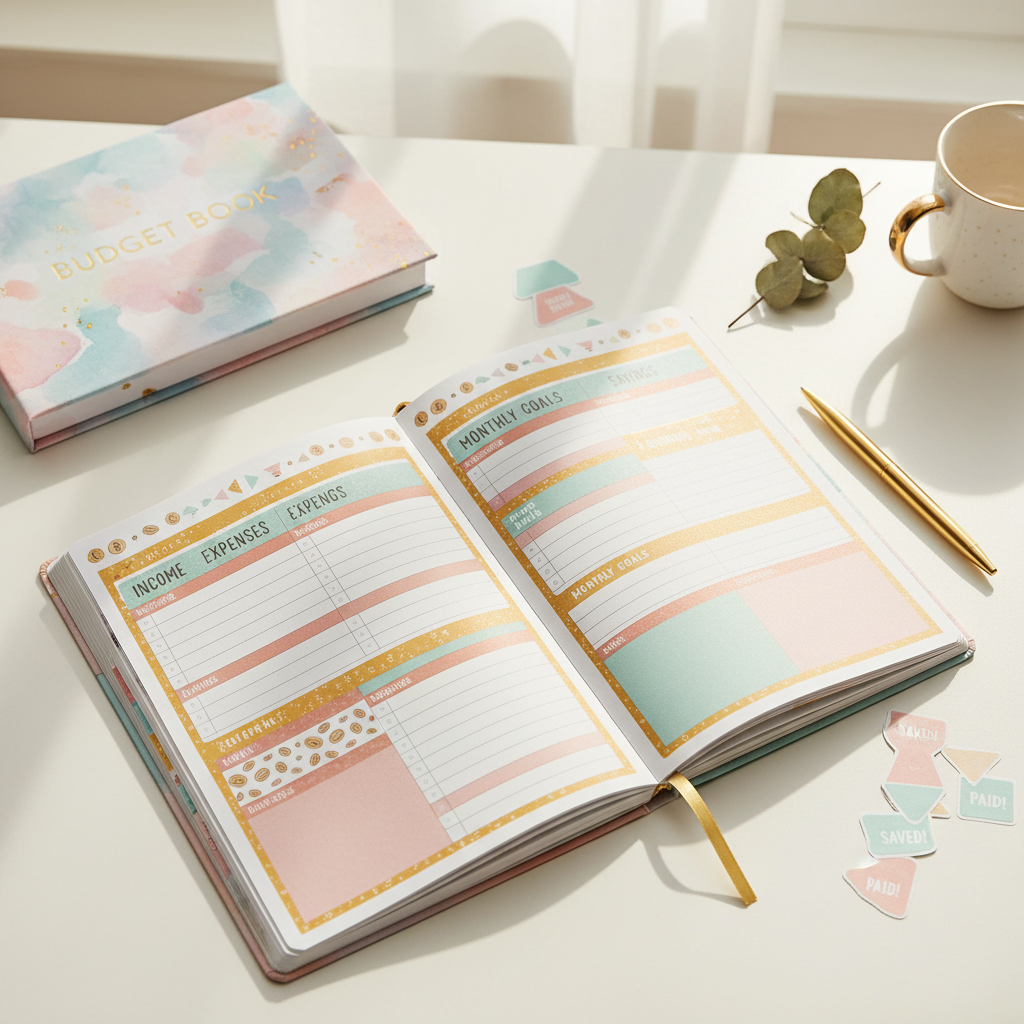 Erin Condren Budget Book elegant planner flat lay with gold pen on neutral desk