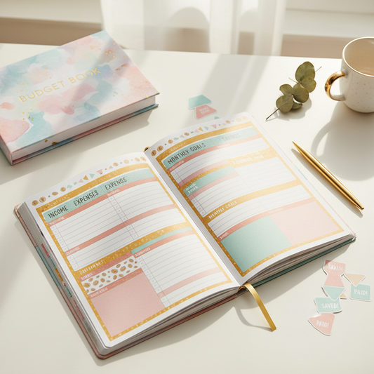 Erin Condren Budget Book elegant planner flat lay with gold pen on neutral desk