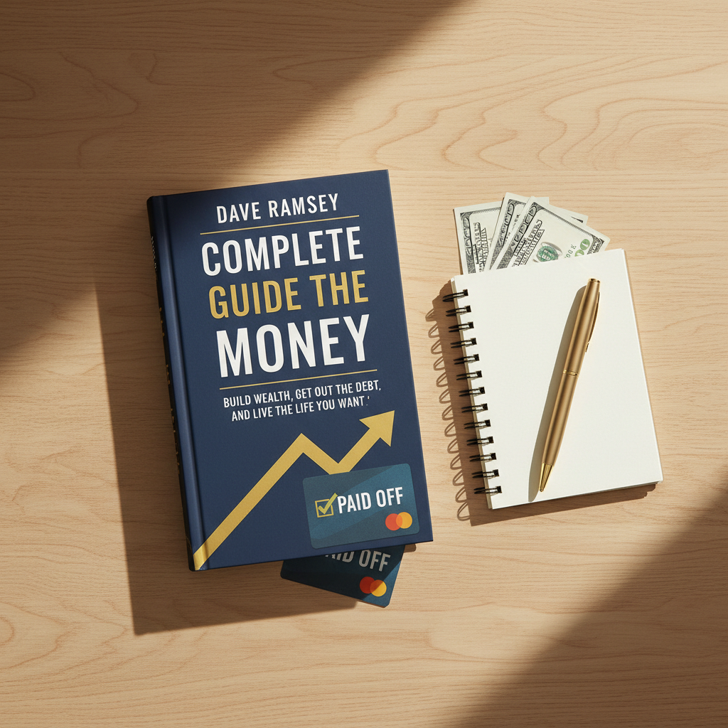 Dave Ramsey Complete Guide to Money book flat lay with notepad and pen on neutral desk