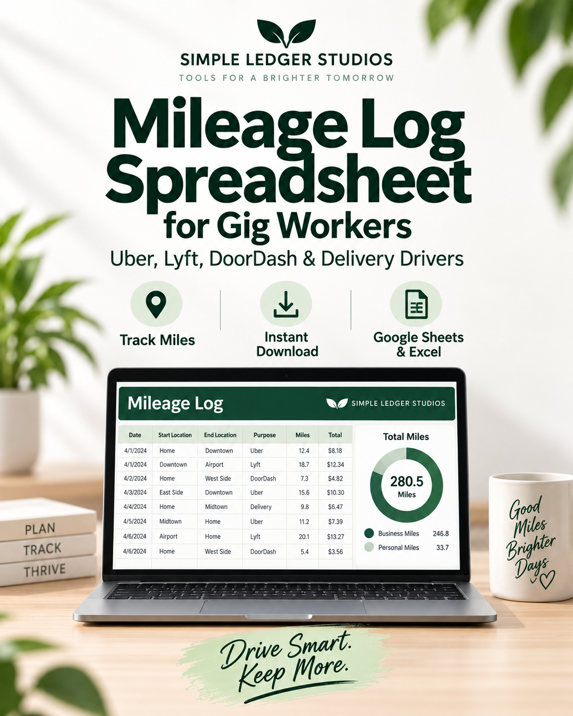 Mileage Log Spreadsheet for gig workers by Simple Ledger Studios