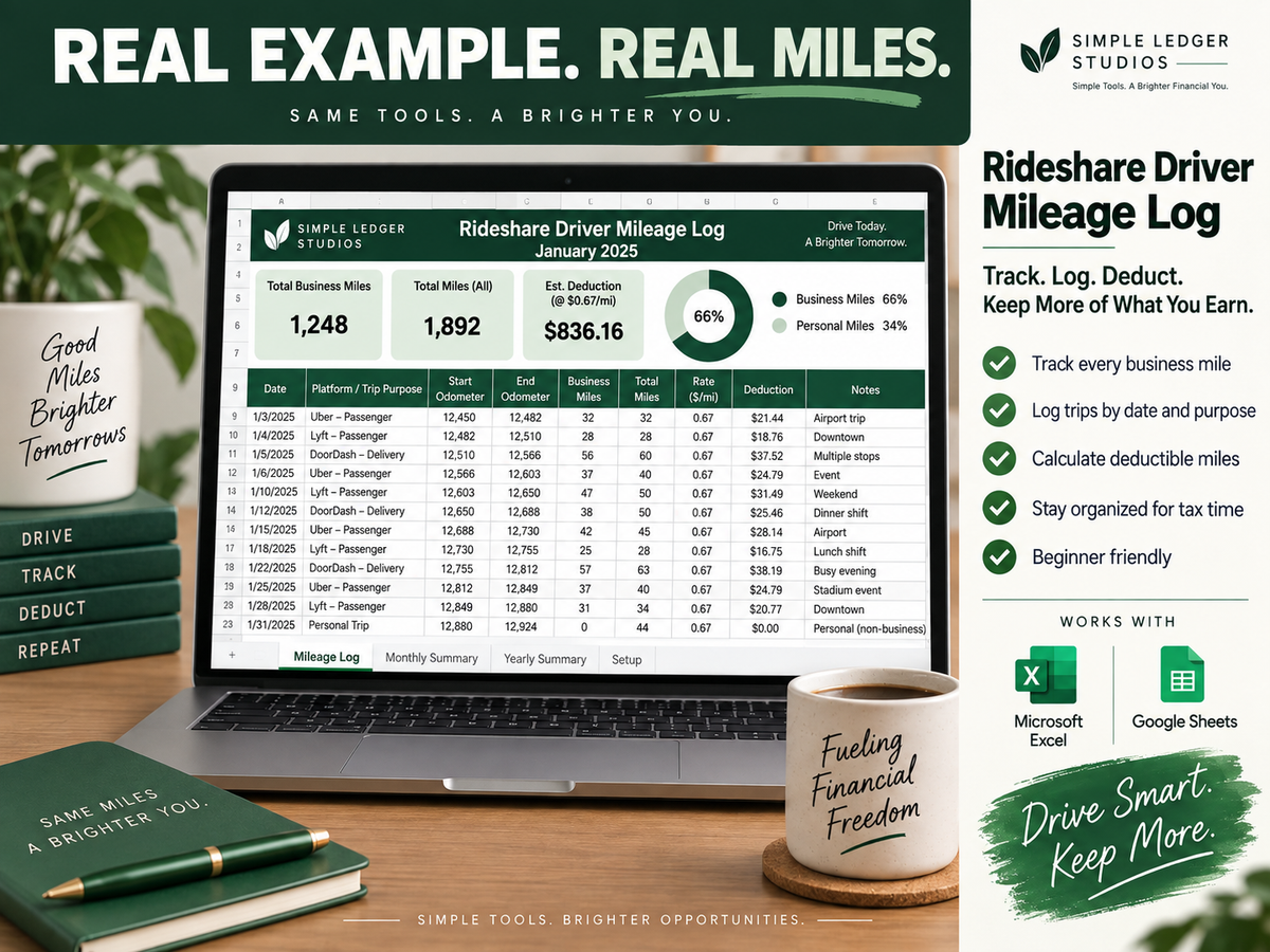 Rideshare Driver Mileage Log filled example spreadsheet with business miles and mileage summary