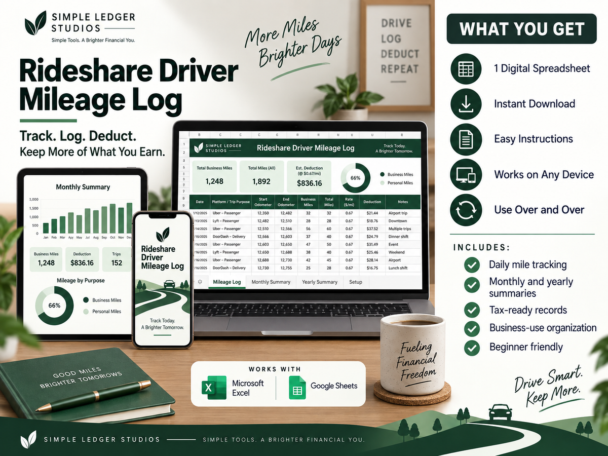 Rideshare Driver Mileage Log digital spreadsheet features for Google Sheets and Microsoft Excel
