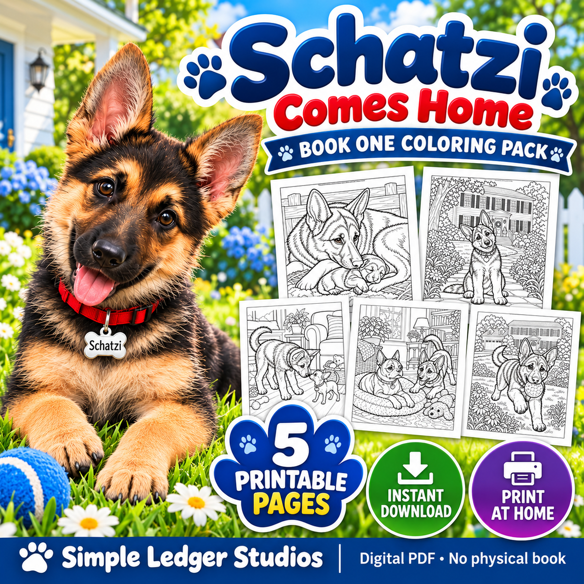 Schatzi Comes Home Book One coloring pack cover — 5 printable pages