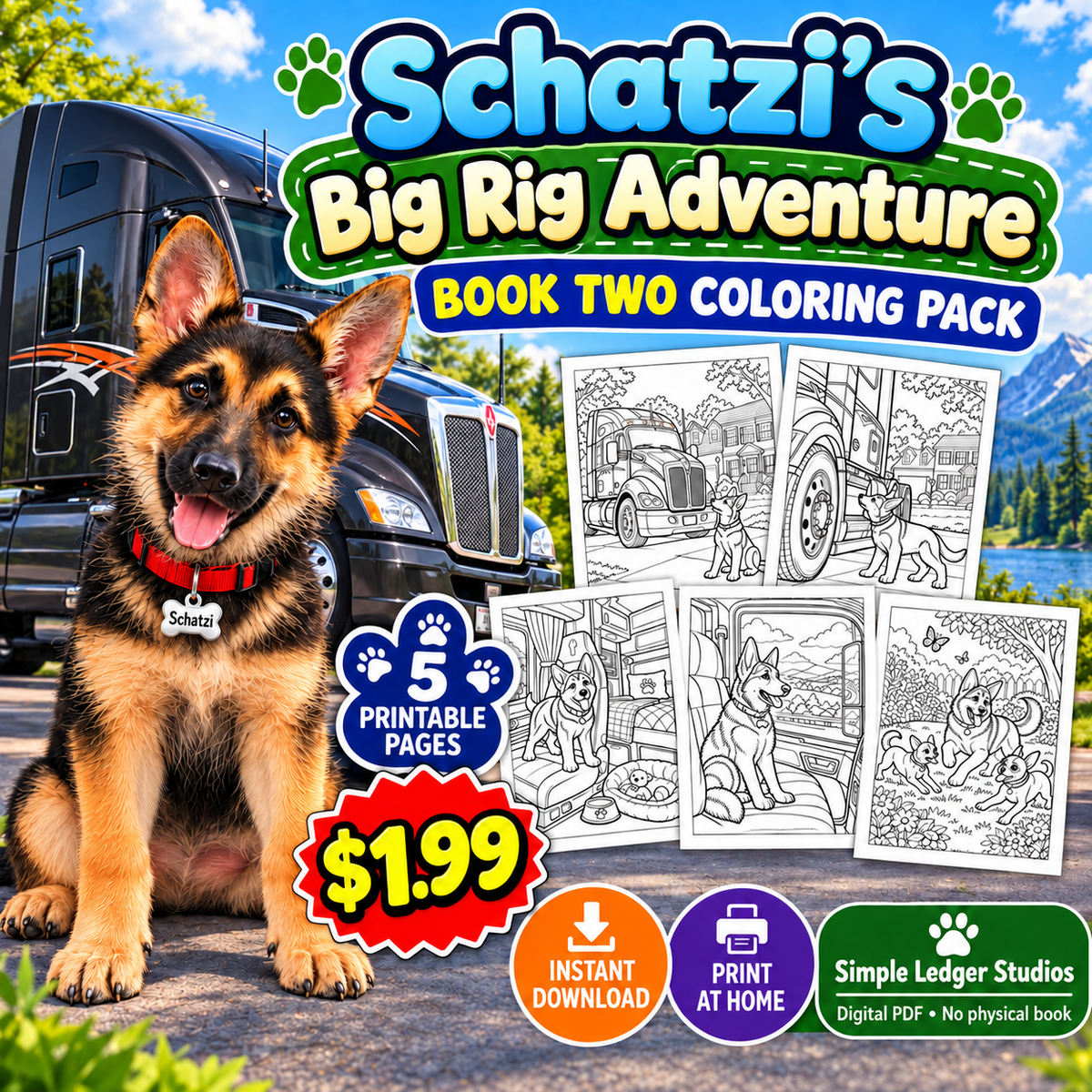 Book Two coloring pack cover featuring Schatzi and the charcoal truck with orange-and-white stripes
