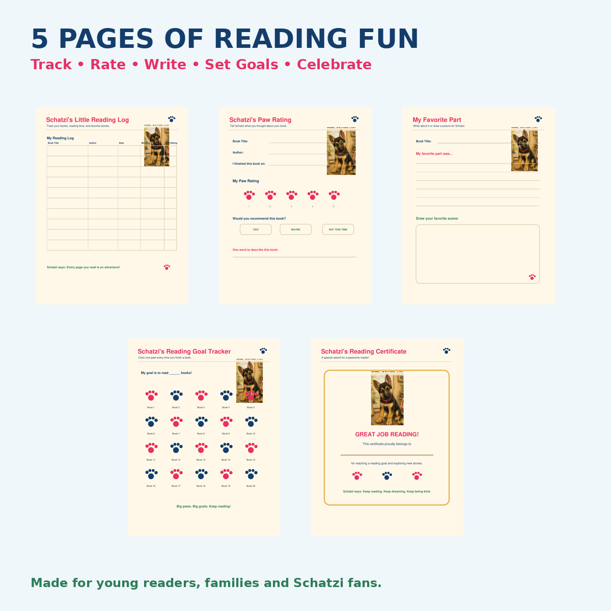 All 5 printable pages in Schatzi's Little Reading Log