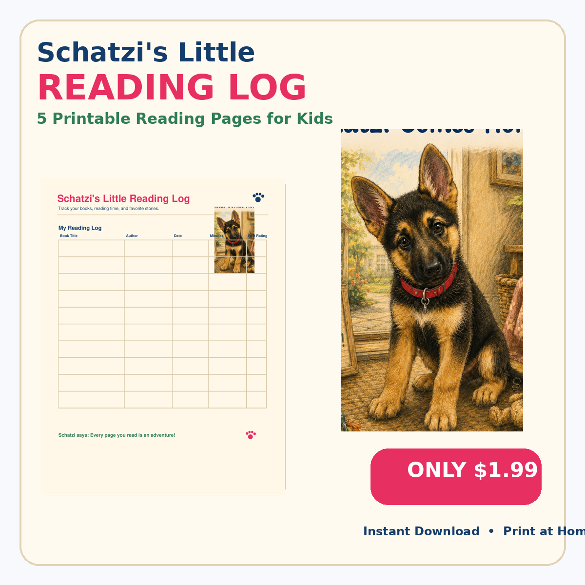 Schatzi's Little Reading Log - 5 printable reading pages - $1.99 digital download