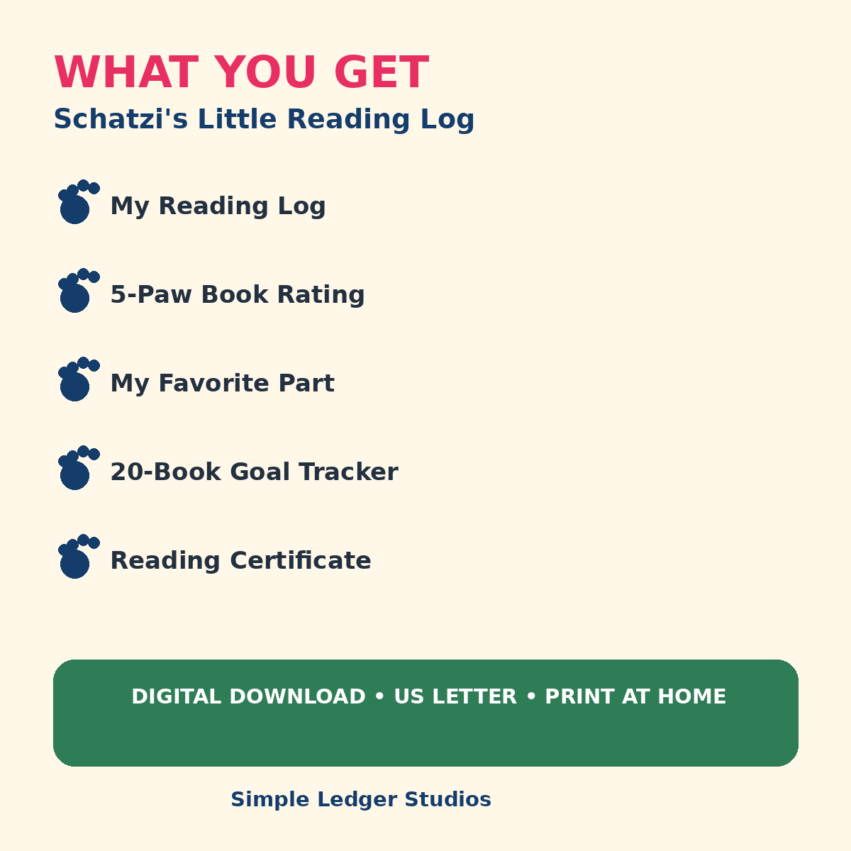 What you get with Schatzi's Little Reading Log - 5 printable reading pages