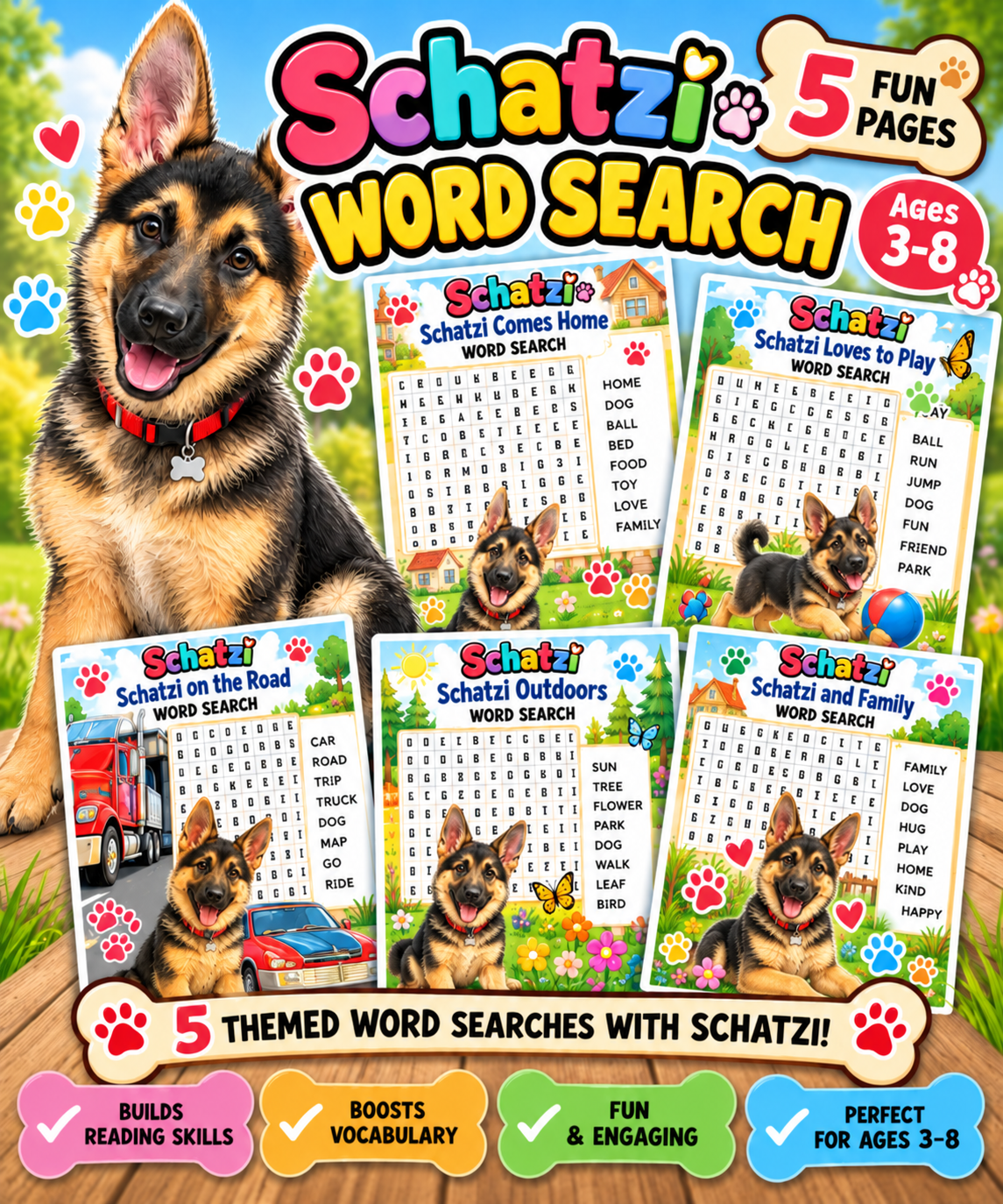 Schatzi Word Search 5-page printable activity pack for kids ages 3 to 8