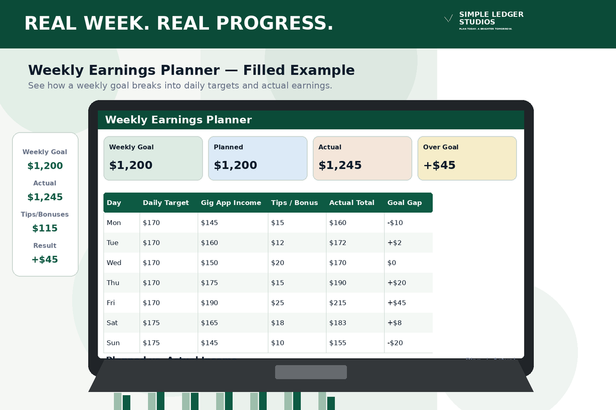 Weekly Earnings Planner filled example